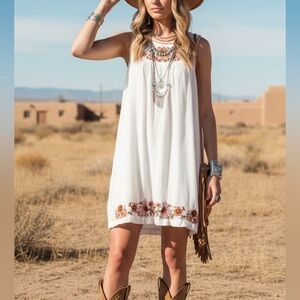 Ariat White Sleeveless Floral Embroidered Mini Dress Size Large
